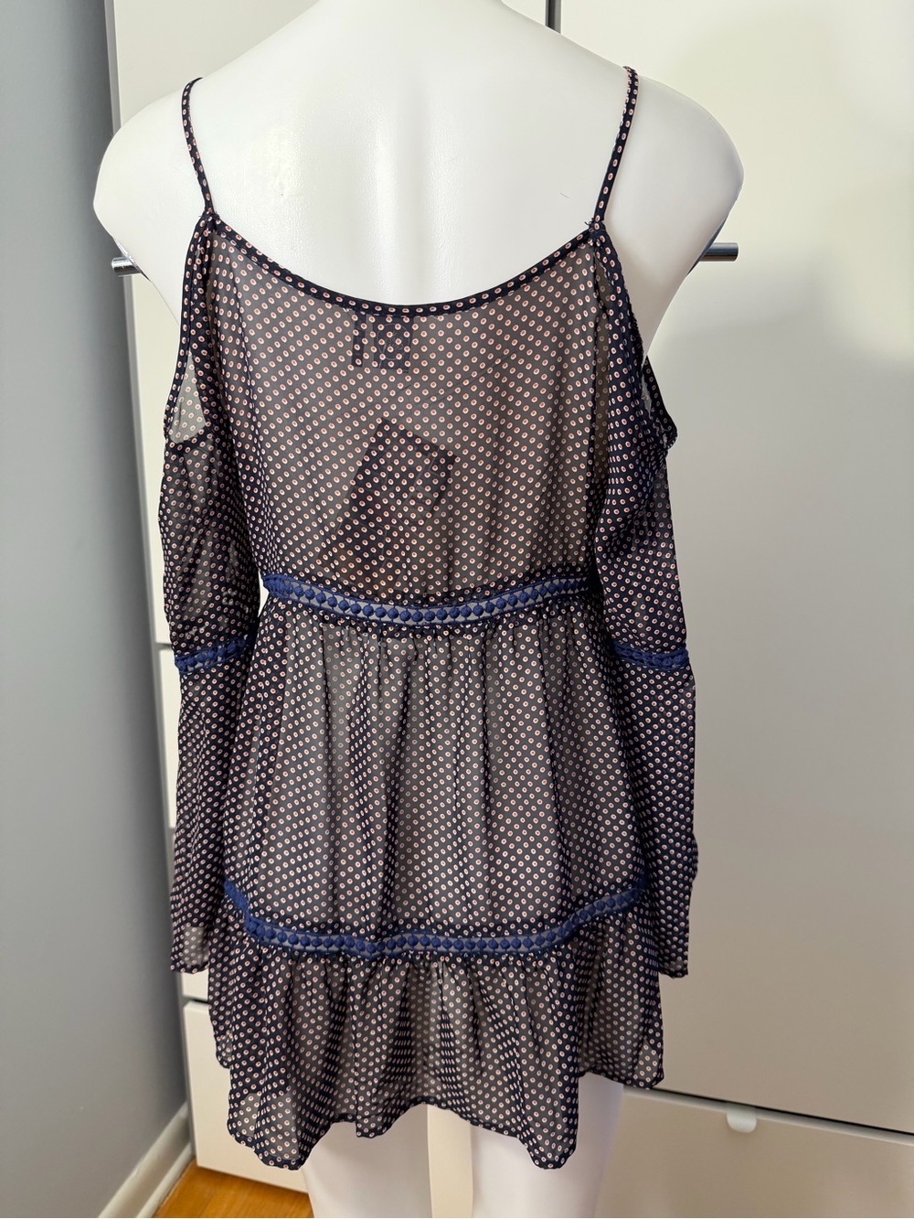 Paper Crane Navy and White Polka Dot Cold-Shoulder Tunic